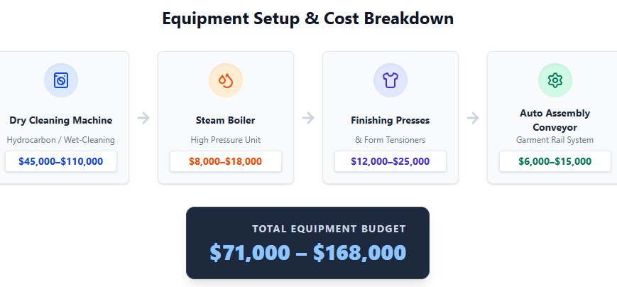 Infographic detailing commercial dry cleaning equipment types capacities and cost breakdown
