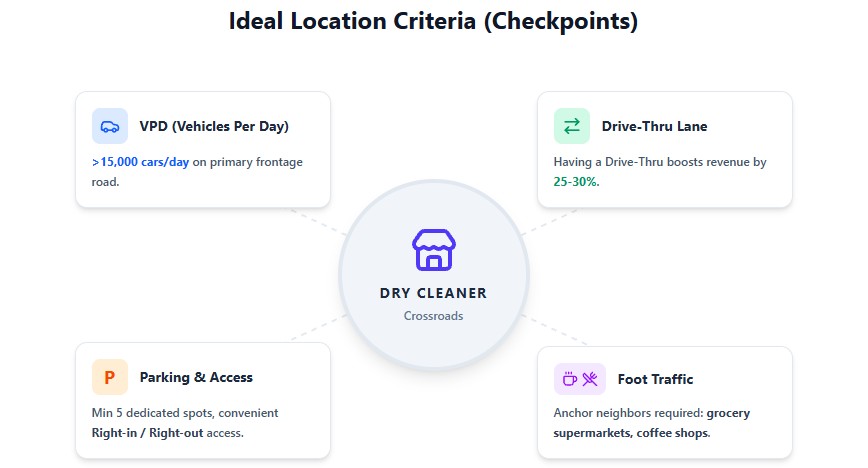 Diagram of optimal dry cleaning store location criteria including vehicle traffic count and drive thru layout