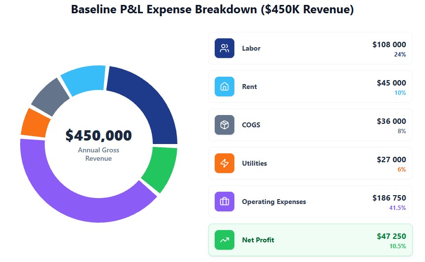 Financial pie chart breakdown of P and L expenses and profit margin for a 450k revenue dry cleaner