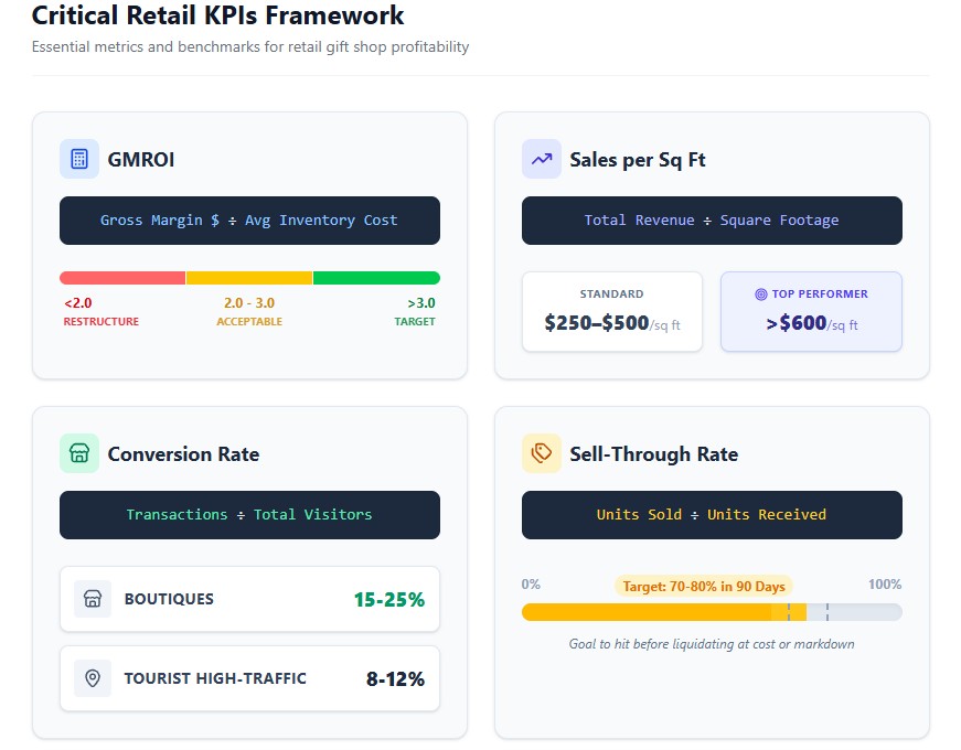 Infographic displaying gift shop retail KPIs including GMROI formulas, Sales per Square Foot, Conversion Rate, and Sell-Through benchmarks