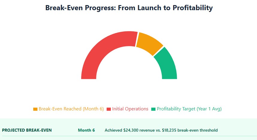 Break-even gauge: $18.2K threshold, $24.3K Month 6 actual, $32K Year 1 avg