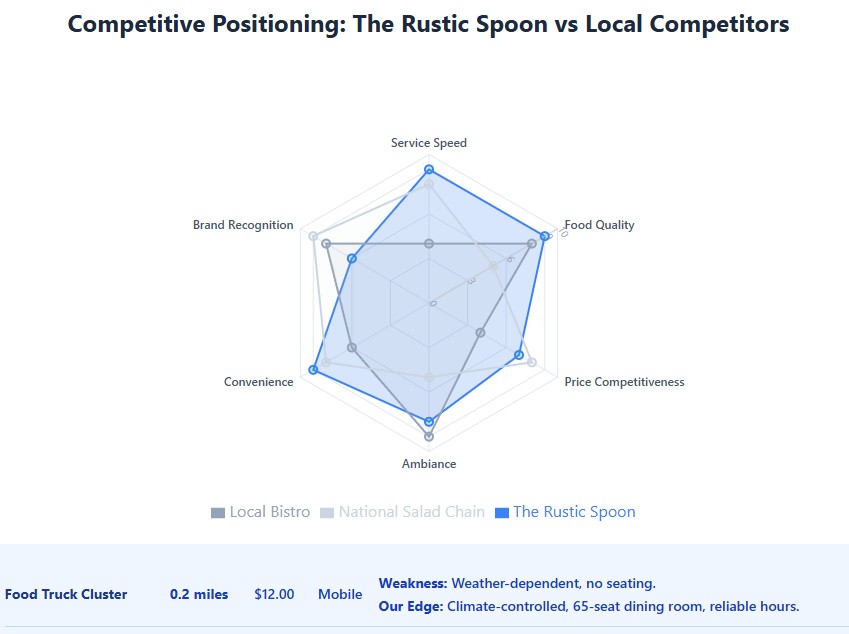 Competitive radar: Rustic Spoon leads in speed, quality, convenience vs competitors