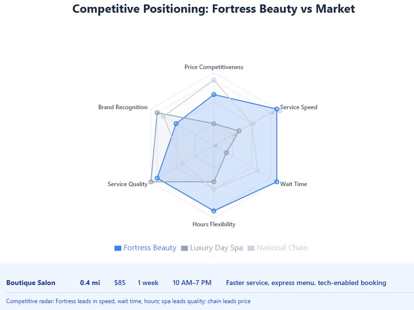 Competitive radar: Fortress leads in speed, wait time, hours; spa leads quality; chain leads price