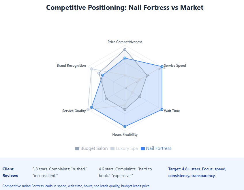 Competitive radar: Fortress leads in speed, wait time, hours; spa leads quality; budget leads price