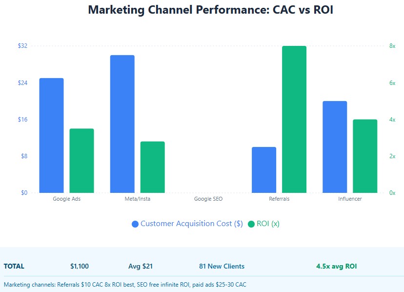 Marketing channels: Referrals $10 CAC 8x ROI best, SEO free infinite ROI, paid ads $25-30 CAC