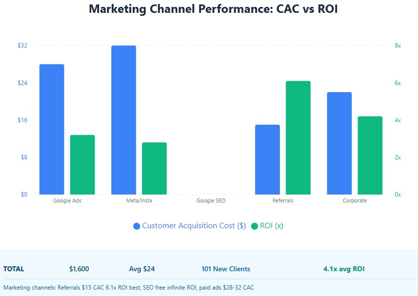 Marketing channels: Referrals $15 CAC 6.1x ROI best, SEO free infinite ROI, paid ads $28-32 CAC