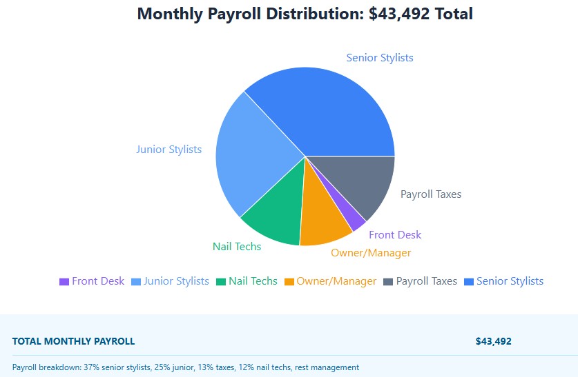 Payroll breakdown: 37% senior stylists, 25% junior, 13% taxes, 12% nail techs, rest management