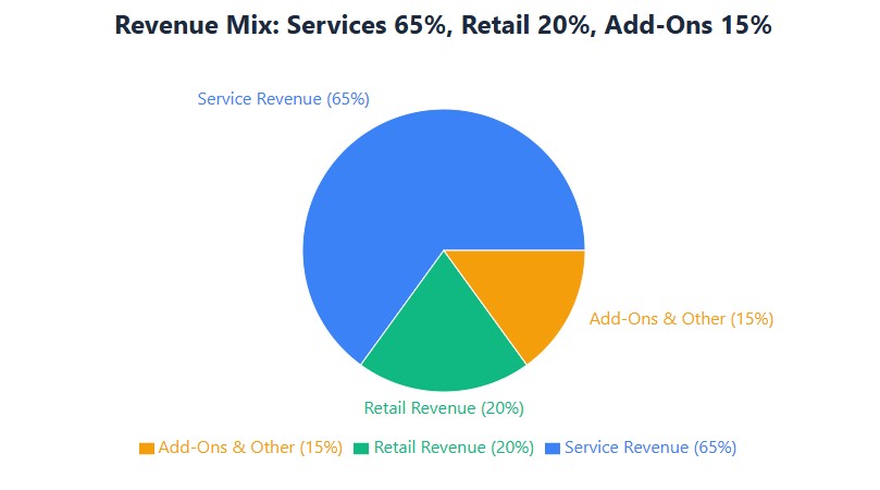 Revenue mix: 65% services, 20% retail, 15% consultations and workshops