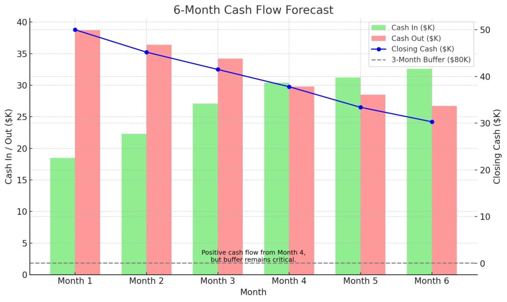 6-month forecast of cash in, cash out, and closing balance
