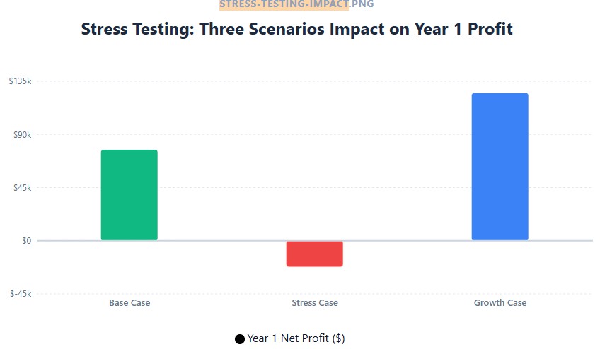 Three scenarios: Base $77K profit, Stress $22K loss, Growth $125K profit