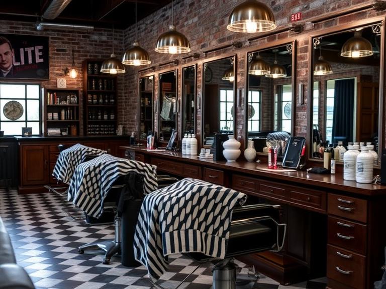 Interior of The Oak & Blade, a premium men's barbershop in Chicago's West Loop