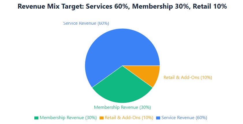Revenue mix: 60% services, 30% recurring membership, 10% retail for resilience