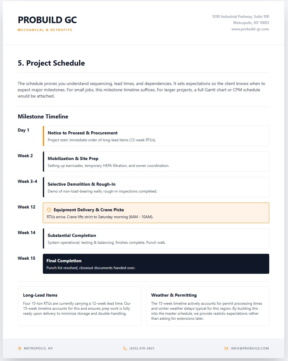 Project schedule for construction bid proposal