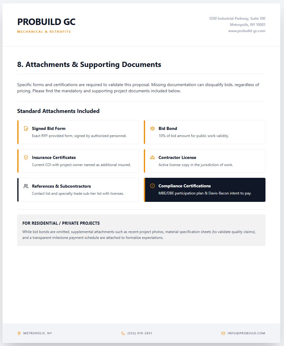 Attachments and supporting documents for construction bid proposal