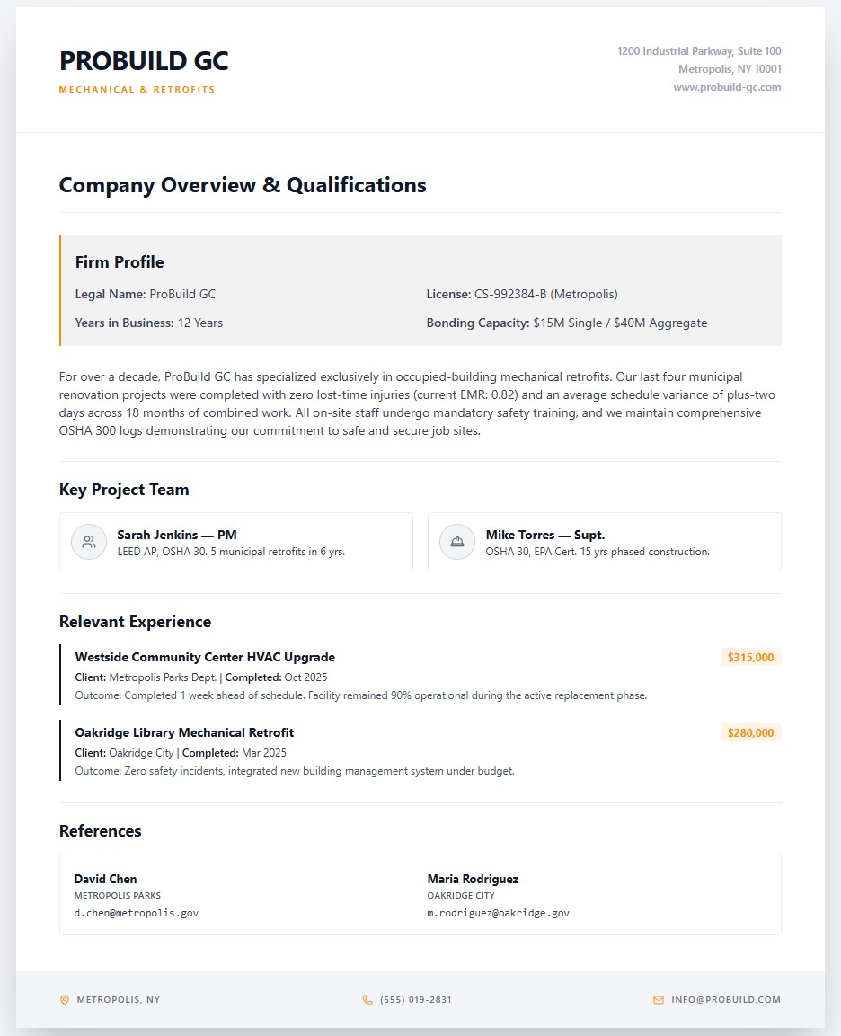 Company overview and qualifications for construction bid proposal