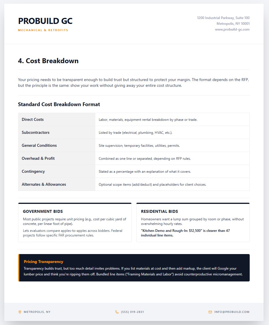 Cost breakdown for construction bid proposal