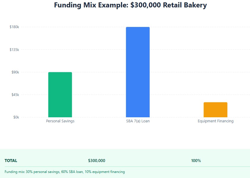 Funding mix: 30% personal savings, 60% SBA loan, 10% equipment financing