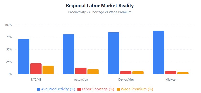 Regional comparison: NYC 71% productivity 22% shortage, Austin 81% 13%, Denver 85% 6%, Midwest 88% 6%