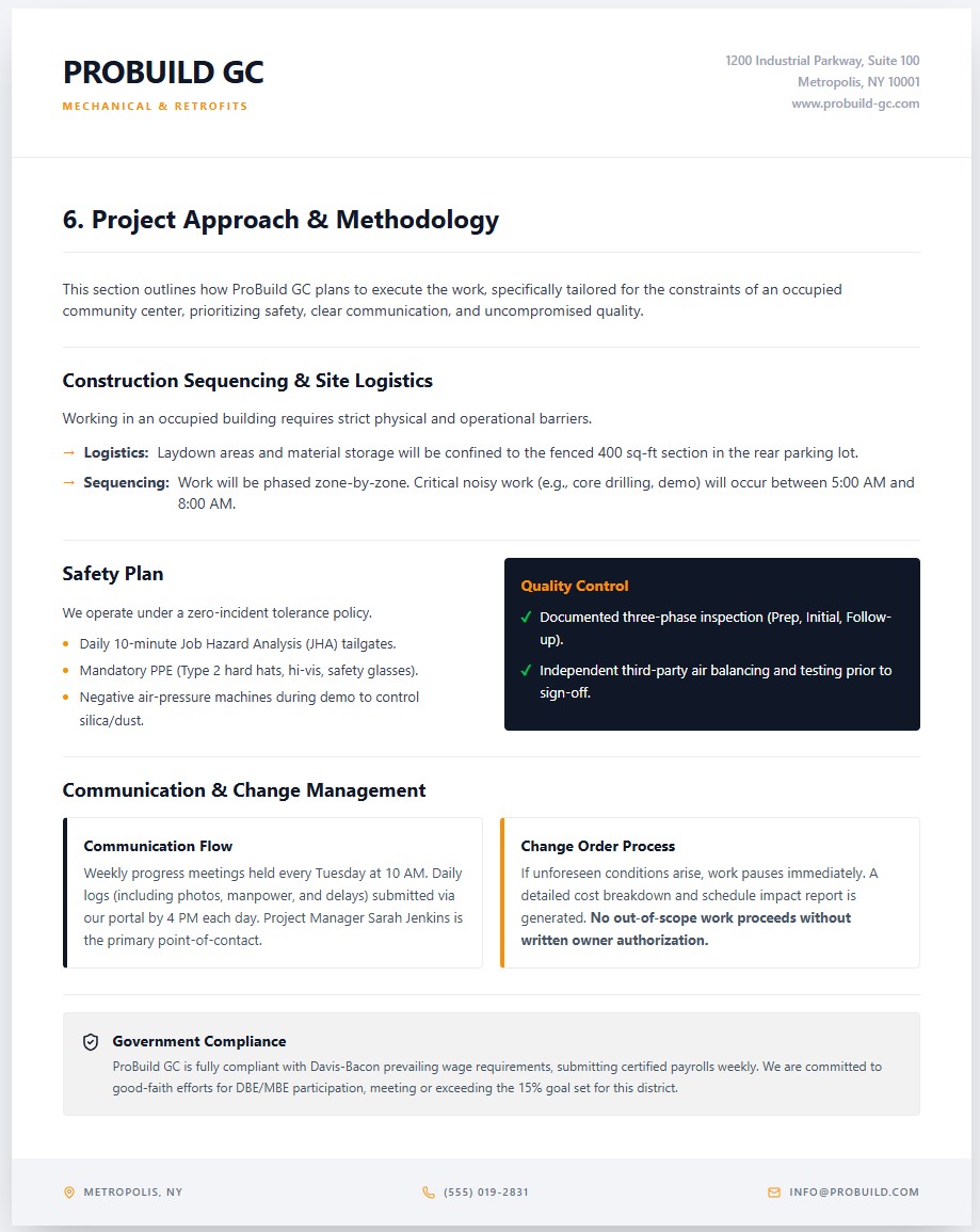 Project approach and methodology for construction bid proposal