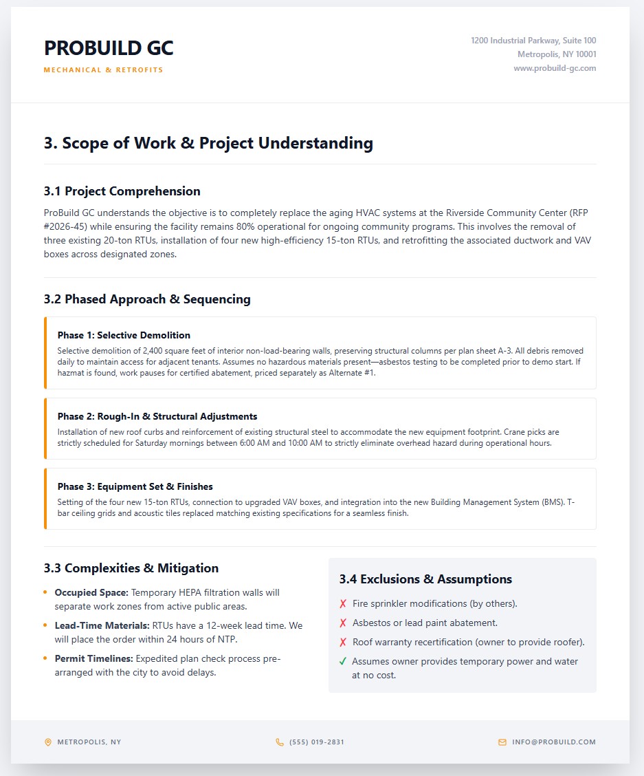 Scope of work and project understanding for construction bid proposal