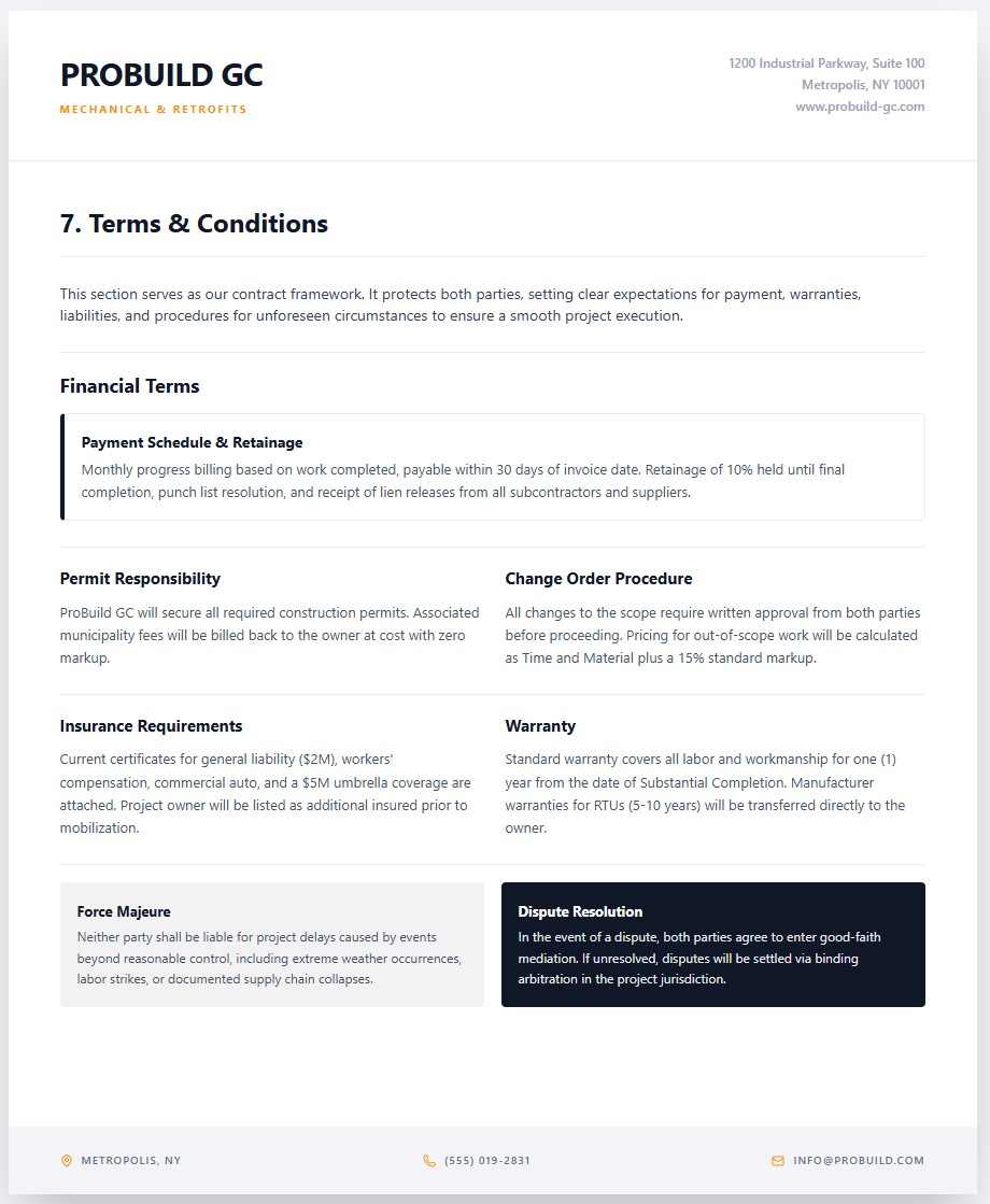 Terms and conditions for construction bid proposal