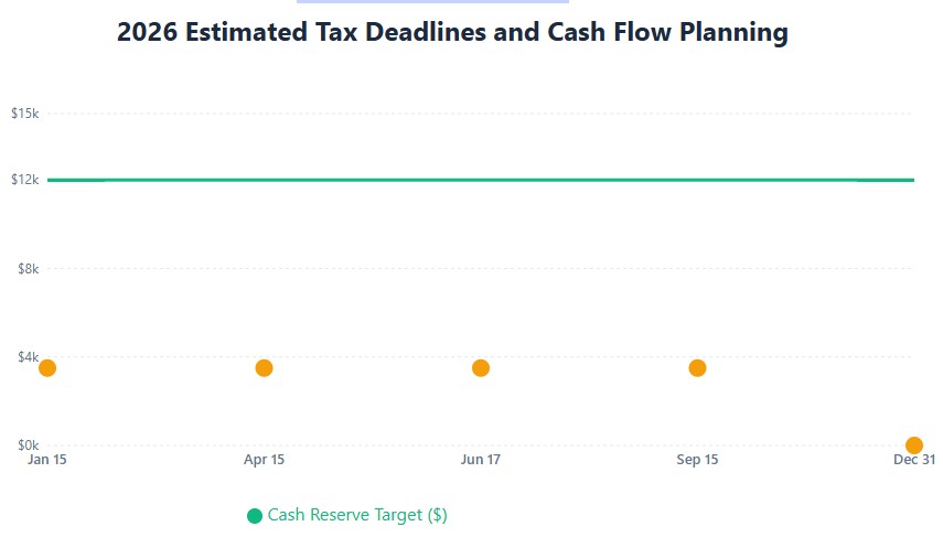 2026 tax deadlines: Jan 15, Apr 15, Jun 17, Sep 15 with $3.5K quarterly payments