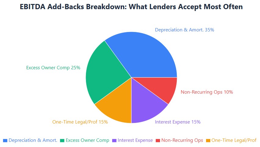 EBITDA add-backs: 35% depreciation, 25% owner comp, 40% other adjustments