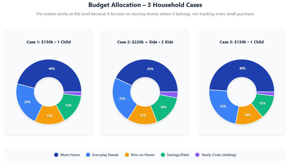 Budget Allocation – 3 Household Cases (Pie Charts)