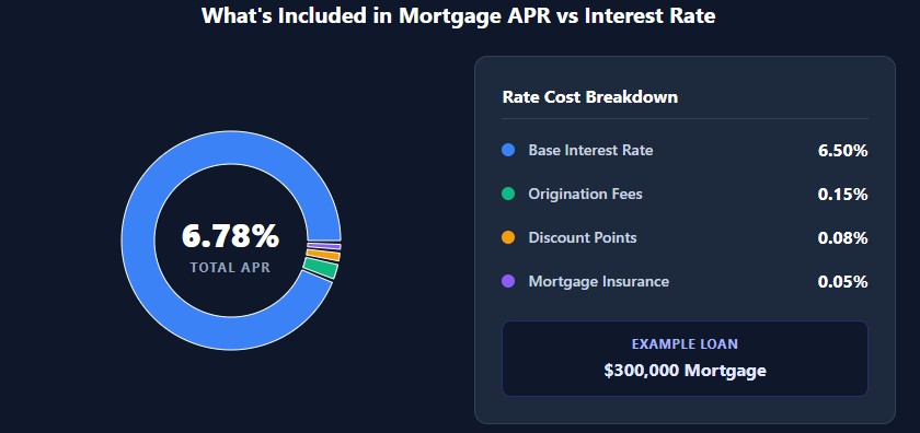 Mortgage APR breakdown showing 6.5% rate plus 0.28% in fees equals 6.78% APR