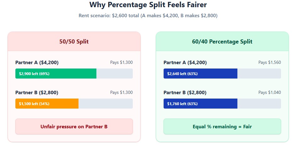 Rent Split Comparison (50/50 vs Percentage)