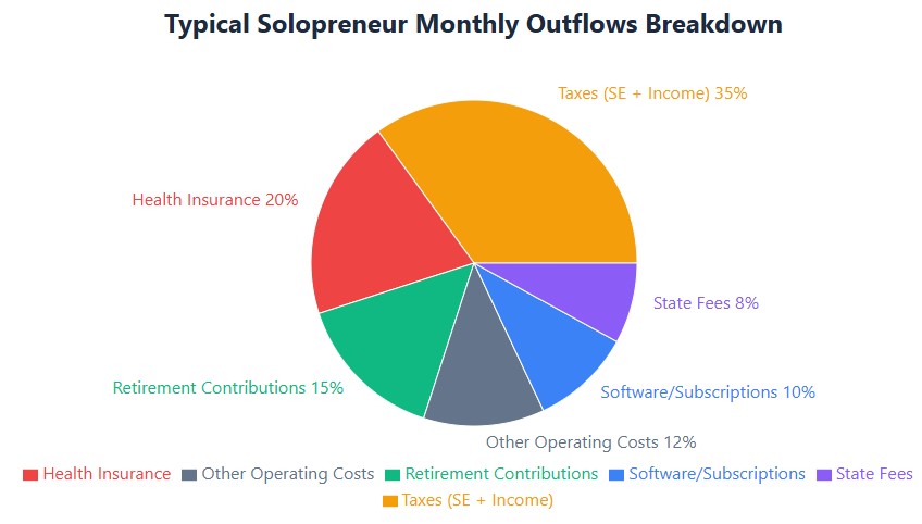 Outflows breakdown: 35% taxes, 20% health insurance, 45% other expenses