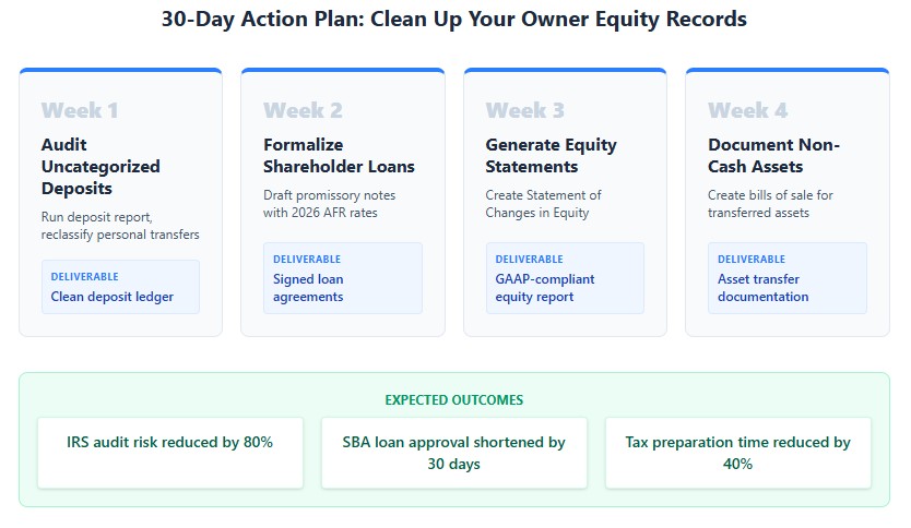 30-day plan: Week 1 audit deposits, Week 2 formalize loans, Week 3 equity statements, Week 4 document assets