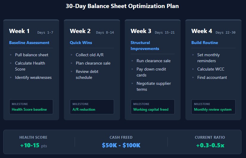 30-day plan: Week 1 baseline, Week 2 quick wins, Week 3 structural fixes, Week 4 routine building