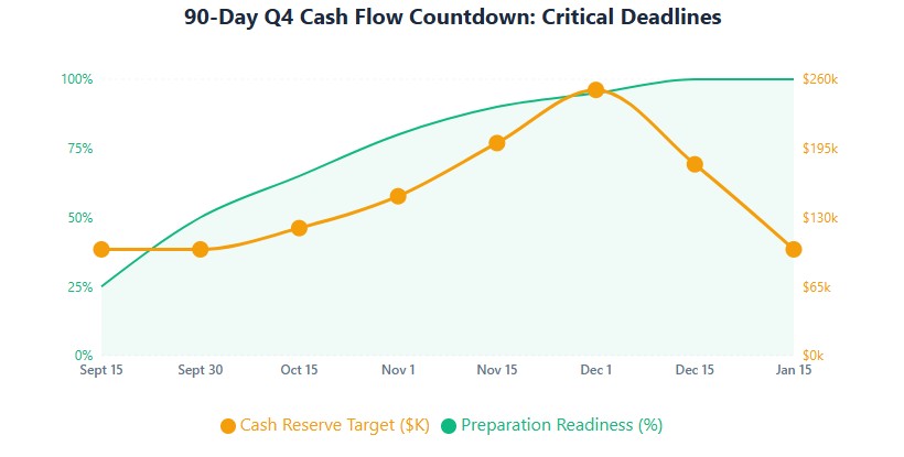 90-day countdown: Q3 tax due Sept 15, financing deadline Sept 30, peak cash need Dec 1