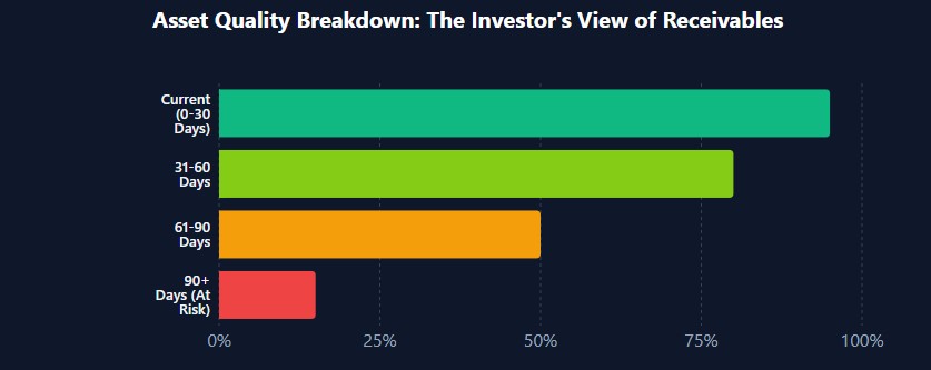 AR aging probability chart showing collectibility drops from 95% for current to 15% for 90+ day receivables