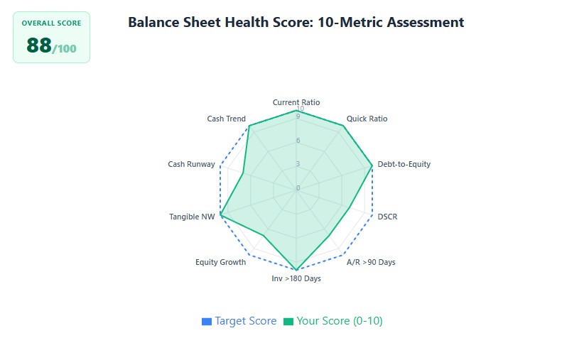 Health score radar: 88/100 overall, strong in liquidity and leverage, weaker in DSCR and A/R