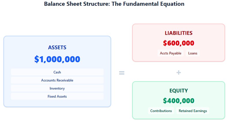 Balance sheet equation: $1M assets = $600K liabilities + $400K equity