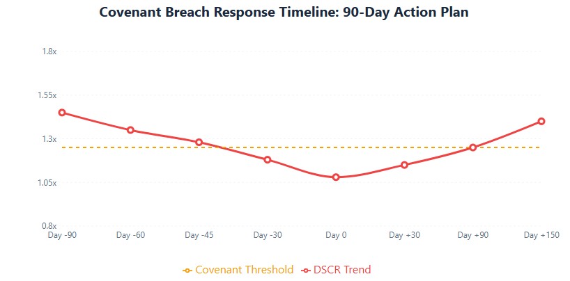 Breach timeline: DSCR drops to 1.08, proactive negotiation at day -45, recovery to 1.4x by day 150