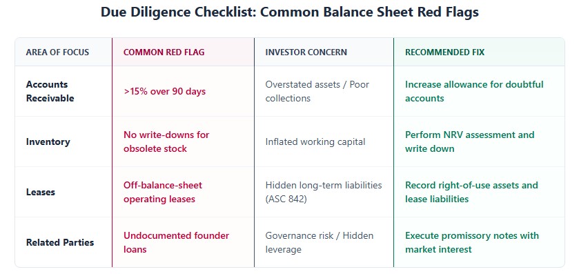 Due diligence checklist table highlighting red flags in AR, inventory, leases, and related party transactions with fixes
