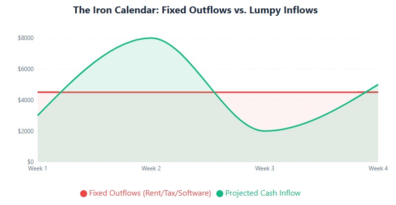 Cash flow gap: Week 1 and 3 inflows drop below fixed $4.5K outflow threshold