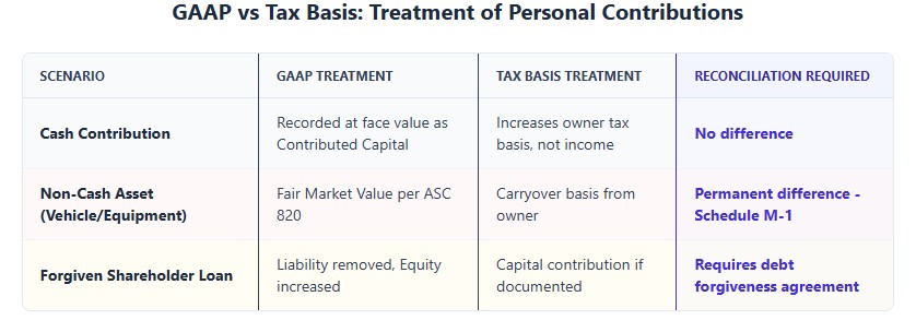 GAAP versus tax comparison table showing cash contribution no difference, non-cash asset permanent difference, forgiven loan requires agreement