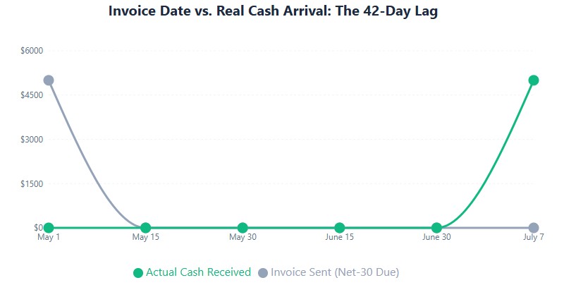 Cash flow lag: Invoice sent May 1, due May 30, but cash arrives July 7 (42-day Real DSO)