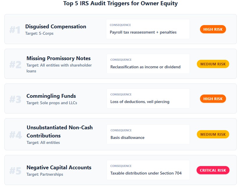 Five audit triggers: disguised compensation high risk, missing promissory notes medium, commingling high, unsubstantiated assets medium, negative capital critical