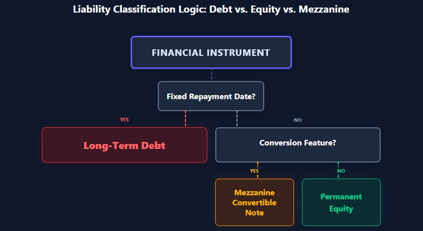 Decision tree classifying financial instruments into debt, mezzanine, or equity based on repayment and conversion features