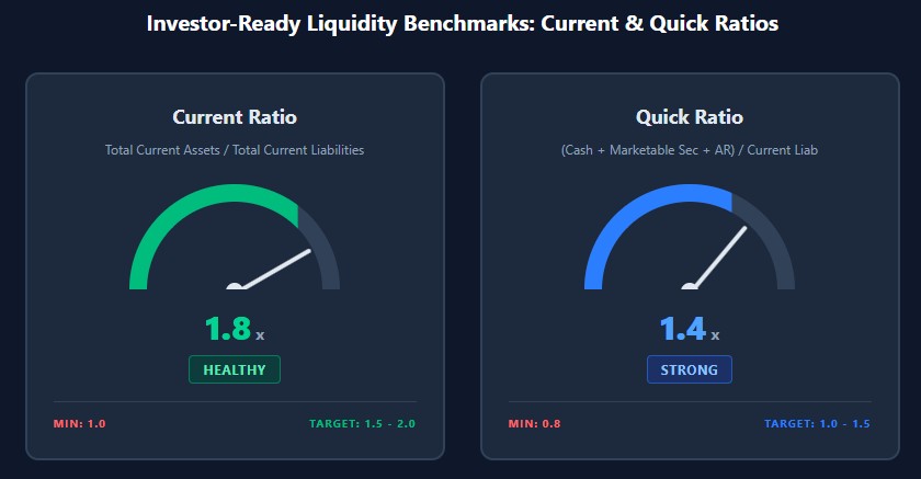Liquidity gauges showing Current Ratio at 1.8 and Quick Ratio at 1.4 within healthy investor benchmarks