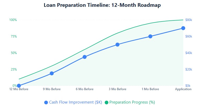 12-month prep timeline: 100% readiness, $70K cash flow improvement by application