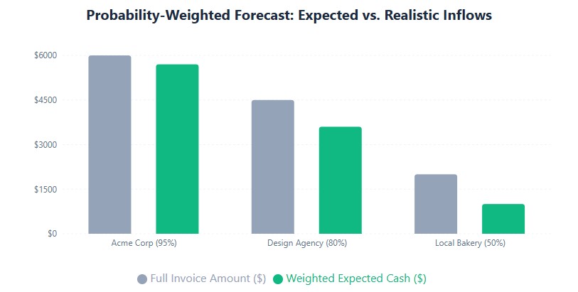 Forecast adjustment: $12.5K total invoices reduced to $10.3K weighted expected cash