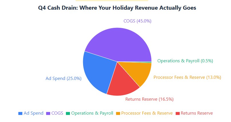 Q4 revenue allocation: 45% COGS, 25% ads, 16.5% returns, 13% processor costs, 0.5% operations