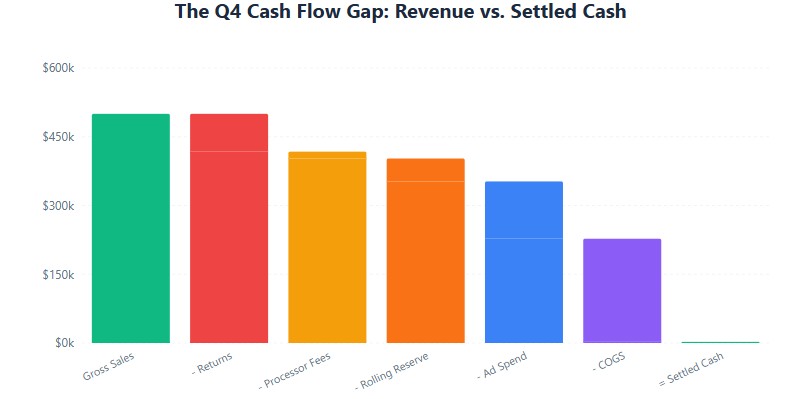 Cash flow waterfall: $500K gross sales reduced to $2.5K settled cash after returns, reserves, and costs