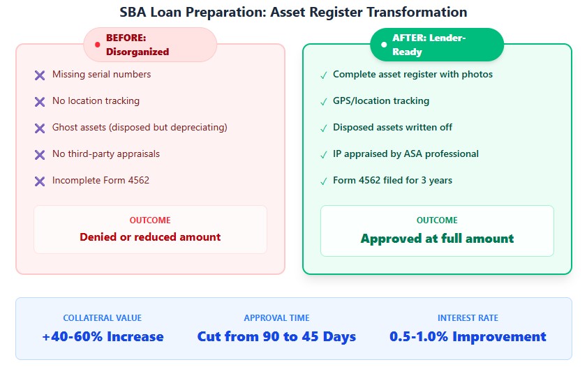 Before/after: Disorganized register denied vs lender-ready approved with 40-60% higher collateral value